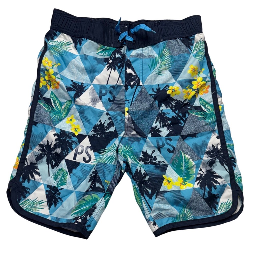 PS Aeropostale Boys Tropical Palm Tree Swim Trunks Blue Floral Board Shorts 14